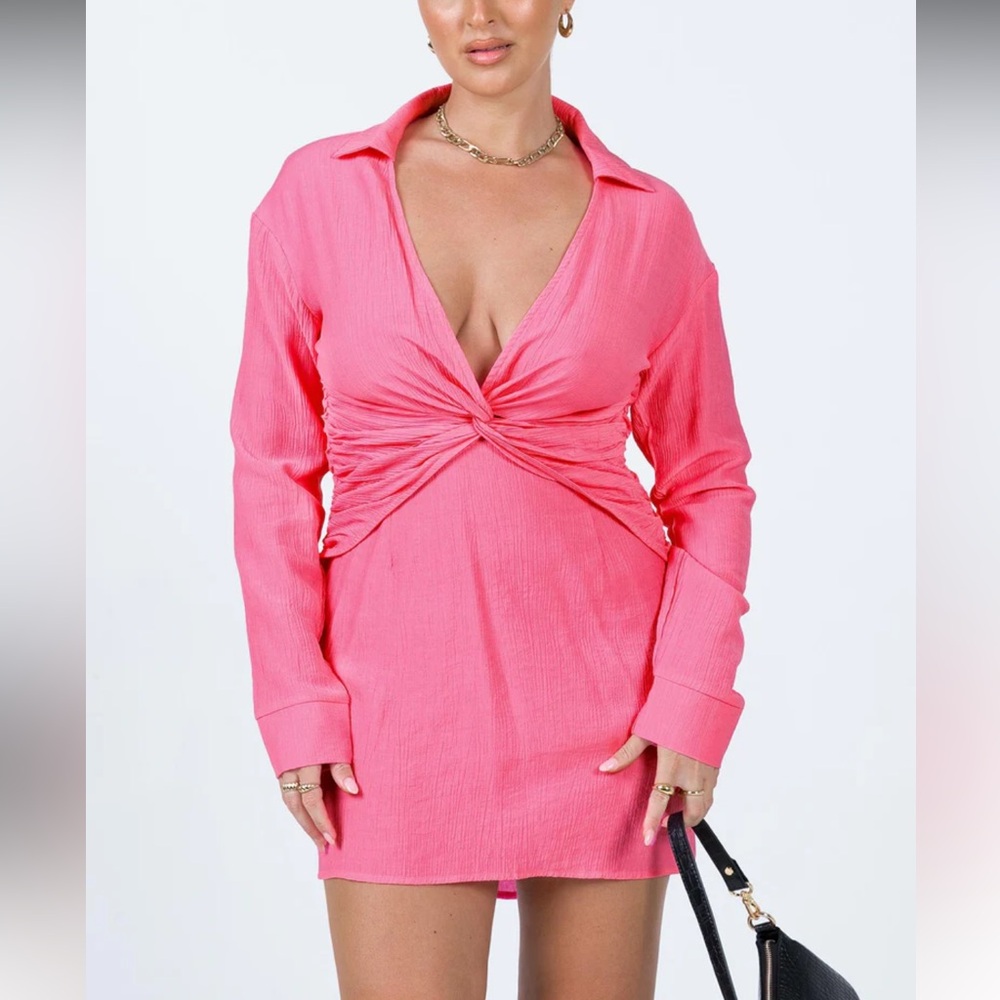 Princess Polly Barbie Pink Twist Deep V-Cut Collar Levi Mini Dress Long Sleeves